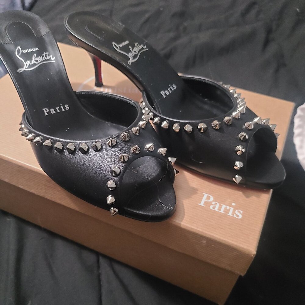 New Size 37 Christian Louboutin Me Dolly Spike Black Leather Peep Toe Pump 55mm